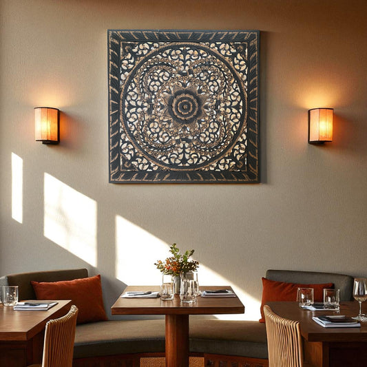 アジアン ウォール カービング(木彫り)3連 パネル B(約90x90cm)2508-5