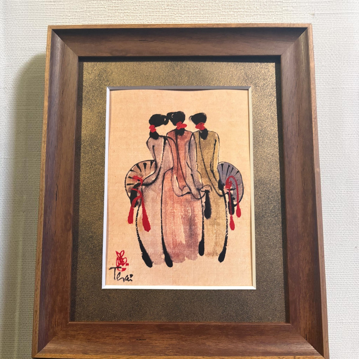 ベトナム インテリアアート 伝統衣装アオザイ女性 水墨画風フレームアート(20x25cm額縁付)2508-8