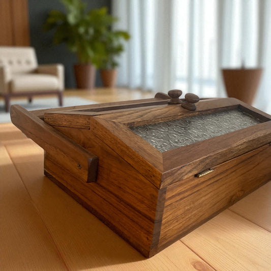 チーク無垢材 × 花模様ガラス ハンドル付き収納ボックス ATHA2508-1