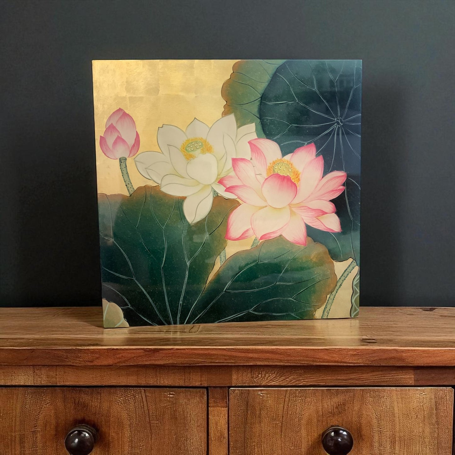 ベトナム　ラッカーアートゴールドリーフ 蓮（Lotus） 40x40cm 2508-2