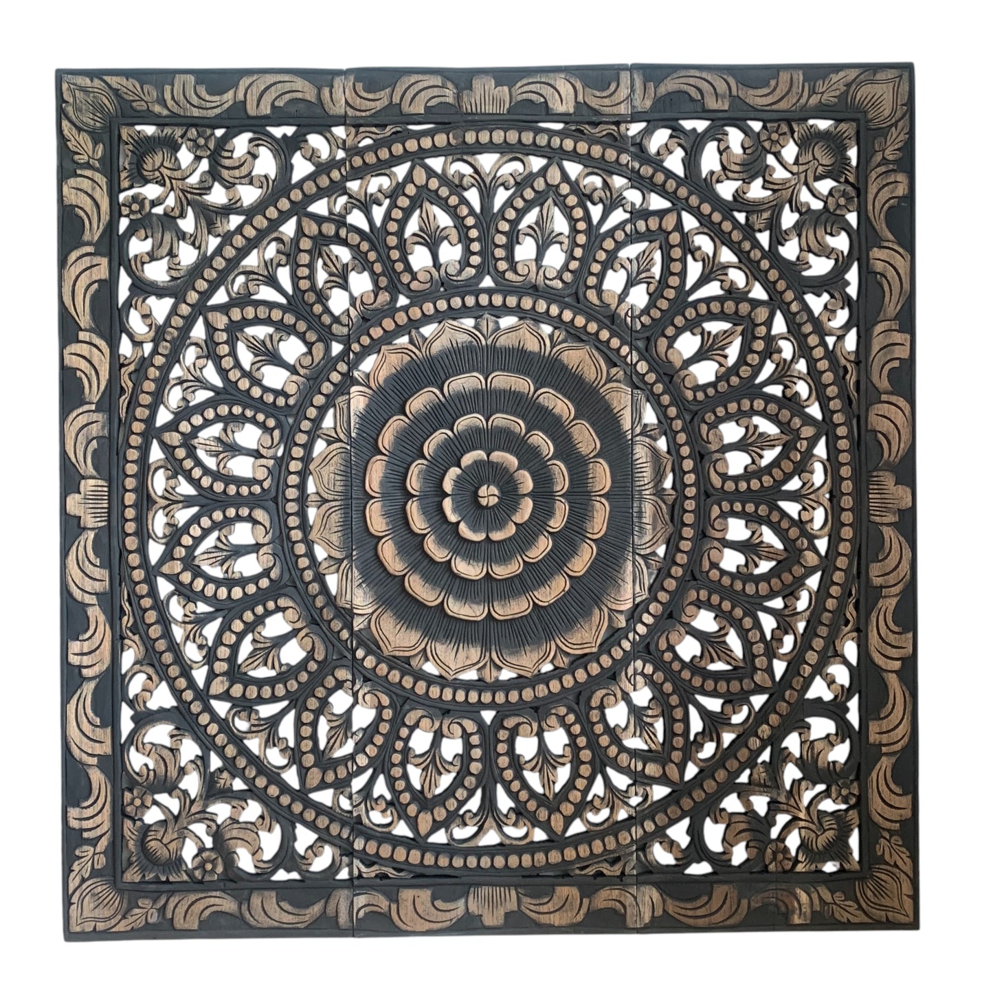 アジアン ウォール カービング(木彫り）3連 パネル A　90×90cm　2508-4