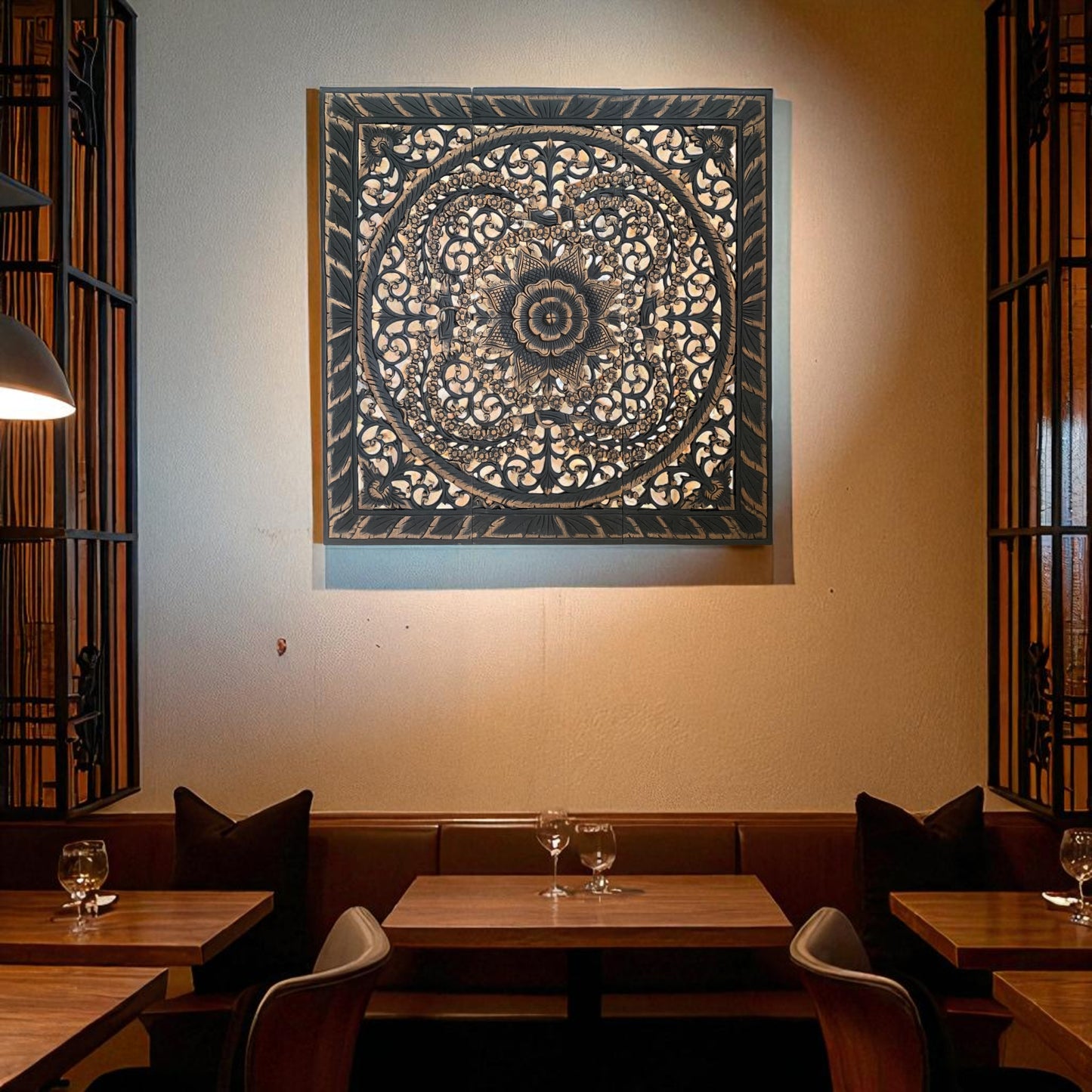 アジアン ウォール カービング(木彫り）3連 パネル B（約90x90cm）2508-5