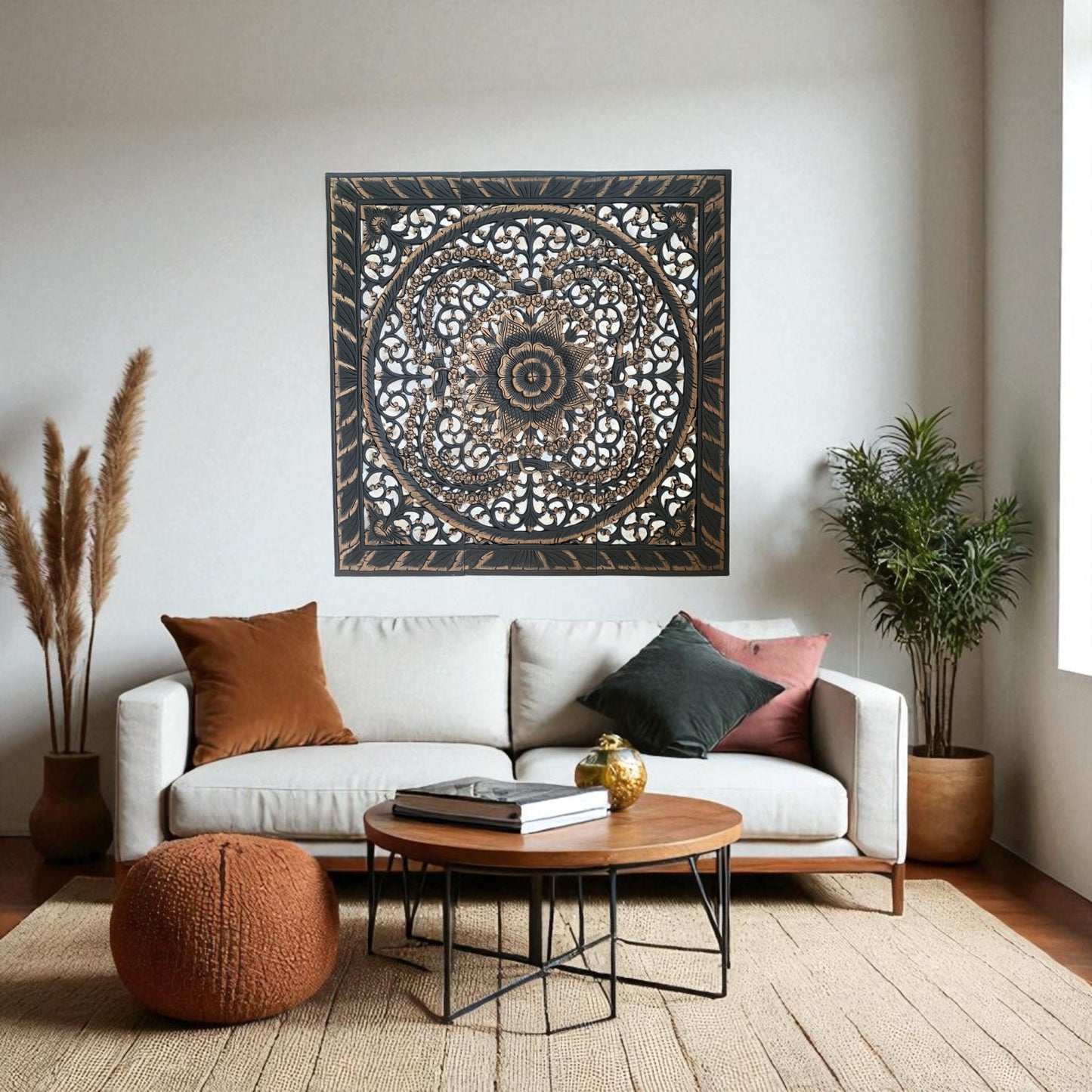 アジアン ウォール カービング(木彫り）3連 パネル B（約90x90cm）2508-5