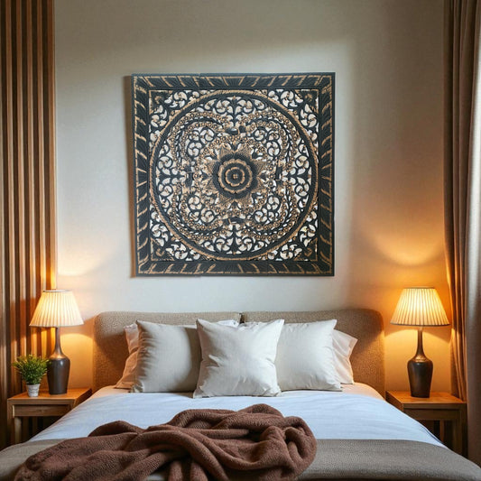 アジアン ウォール カービング(木彫り）3連 パネル B（約90x90cm）2508-5