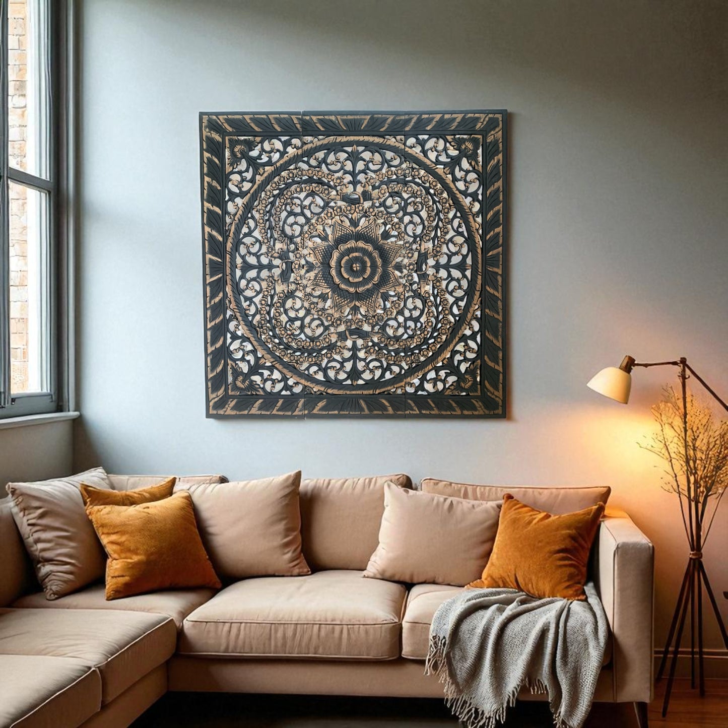 アジアン ウォール カービング(木彫り）3連 パネル B（約90x90cm）2508-5