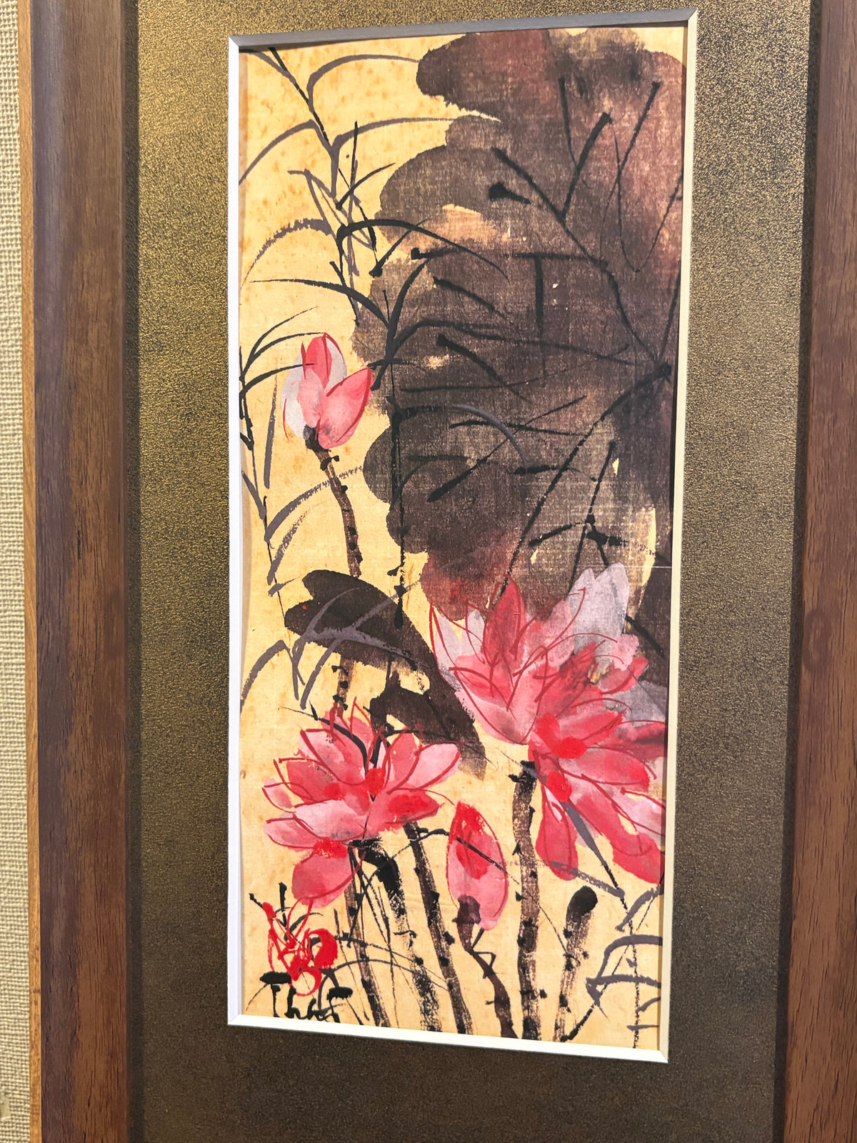 ベトナム インテリアアートロータス 蓮花　水墨画風フレームアート2508-7（額縁付）