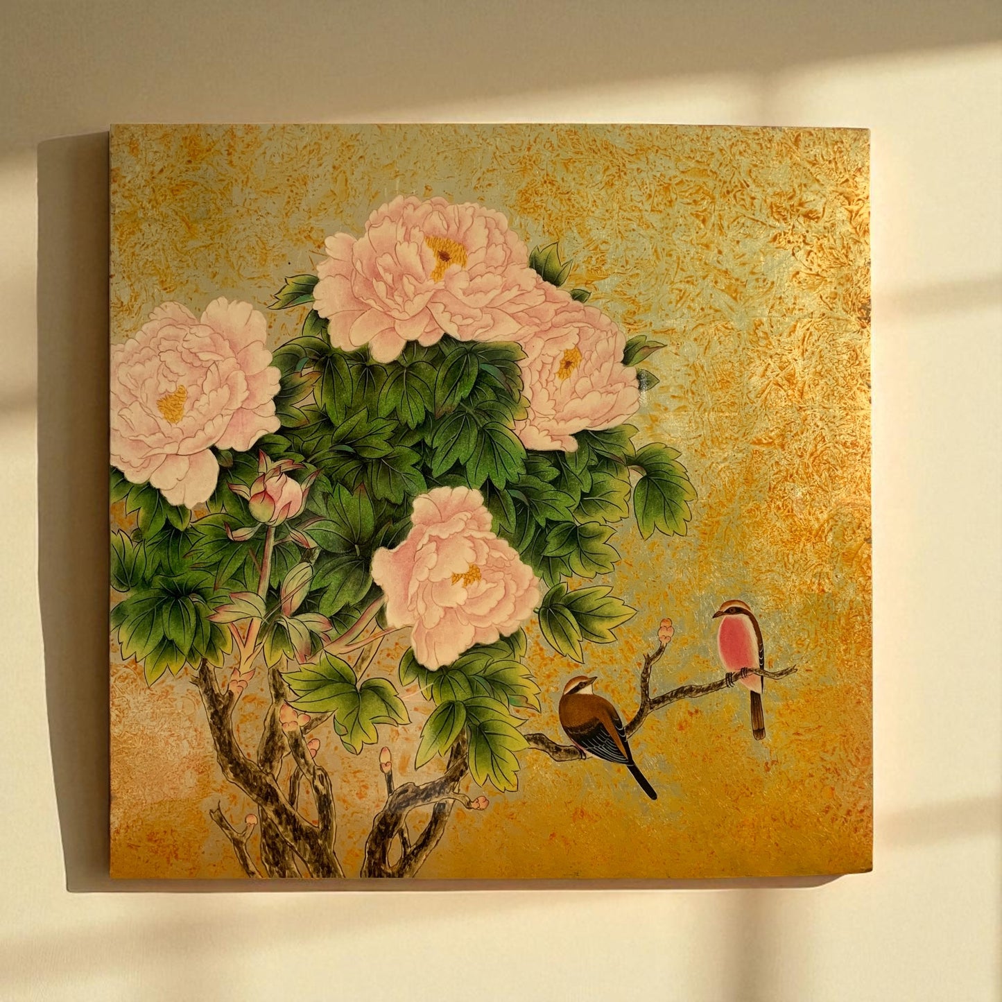 ベトナム　ラッカーアートゴールドリーフ Peony(芍薬）40x40cm
