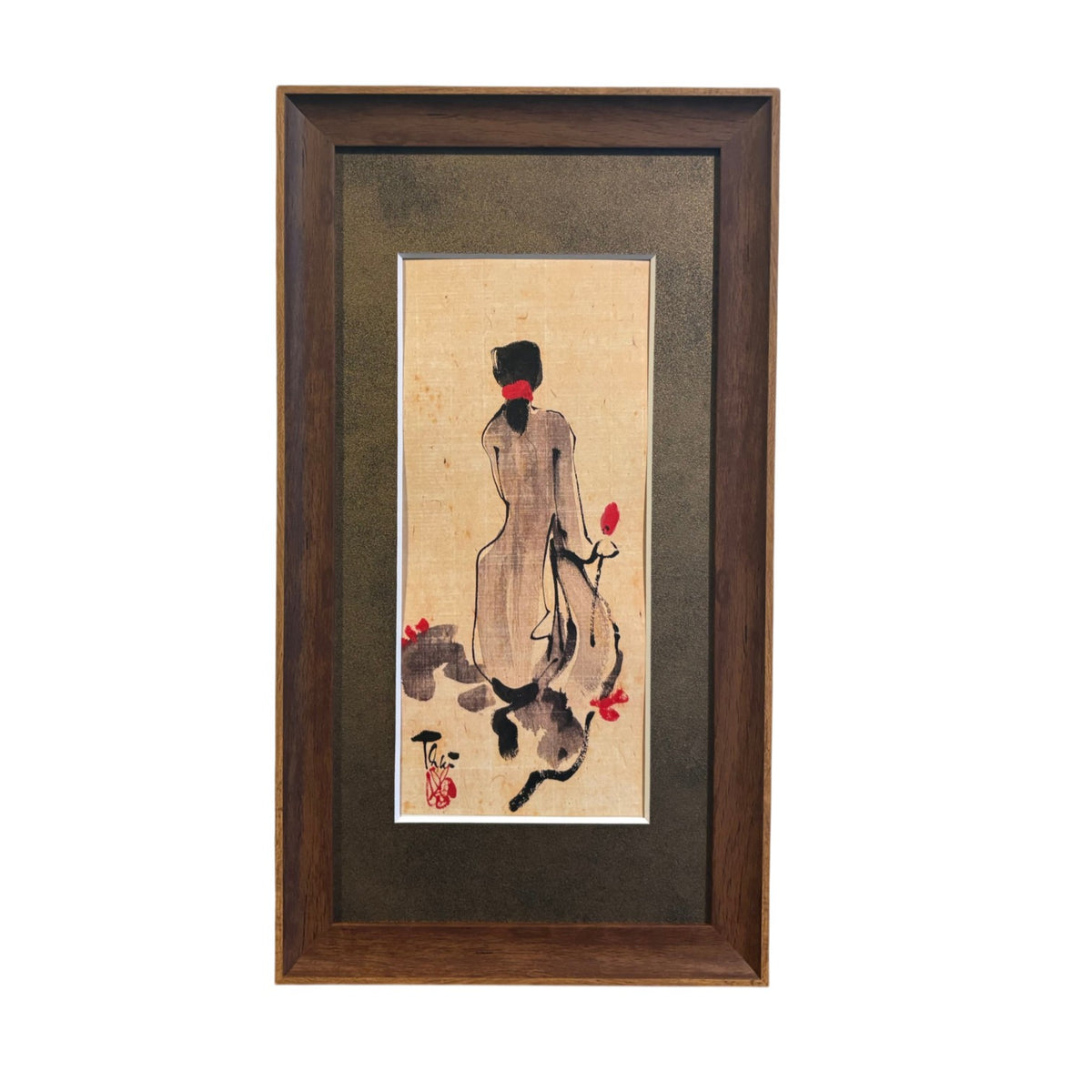 ベトナム インテリアアート 伝統衣装アオザイ女性 水墨画風フレームアート（20x40cm額縁付）2508-5