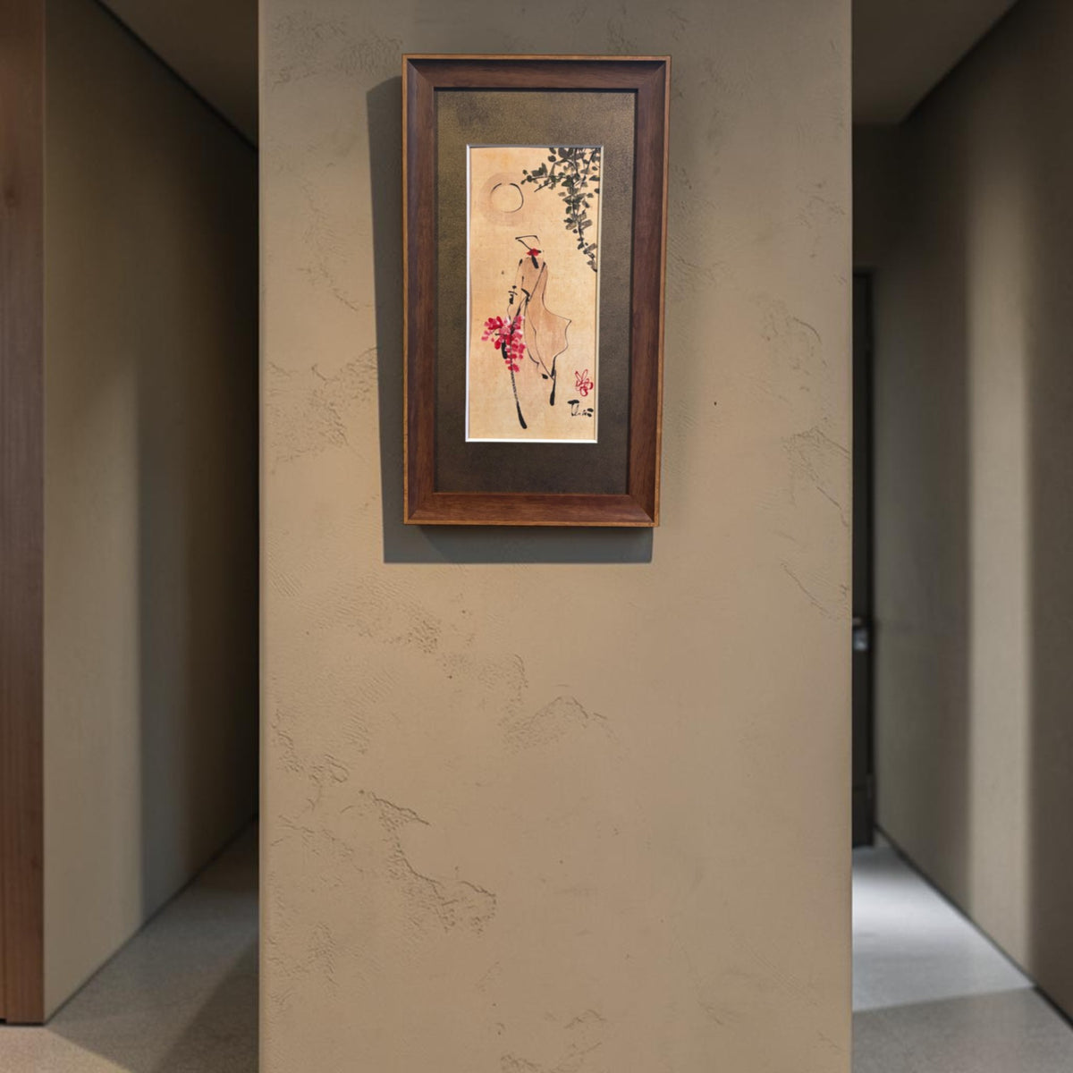 ベトナム インテリアアート 伝統衣装アオザイ女性 水墨画風フレームアート（20x40cm額縁付）2508-6
