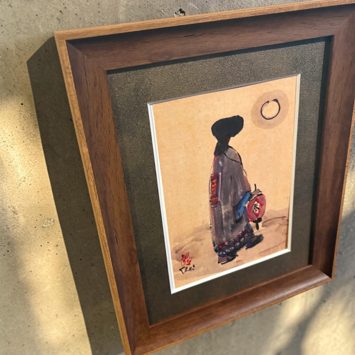 ベトナム インテリアアート 伝統衣装アオザイ女性 水墨画風フレームアート（20x25cm額縁付）2508-9