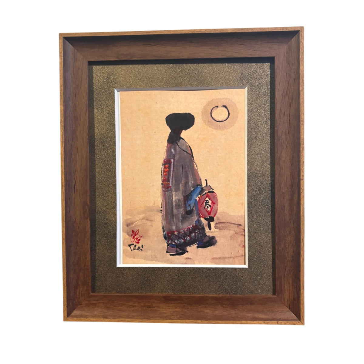 ベトナム インテリアアート 伝統衣装アオザイ女性 水墨画風フレームアート（20x25cm額縁付）2508-9